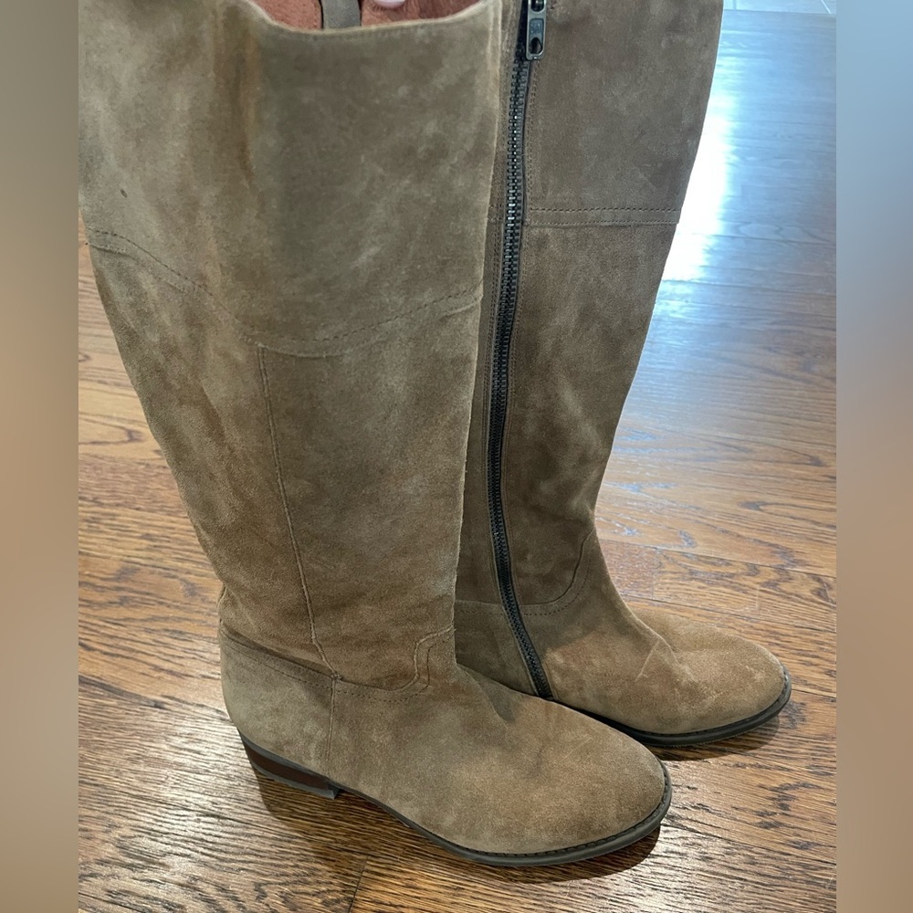 J Crew Suede Tall Boots Tan Leather Size 7 1/2 Flat Heel Full Zip